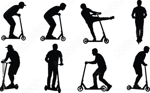 Electric scooter rider silhouette set showing urban transportation, kick scooter tricks, commuting poses, and active lifestyle movements, black vector collection isolated on white for