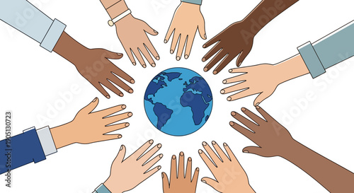 Diverse group of people putting their hands together around a blue globe on a white background with a flat lay composition and a sense of unity and global connection.