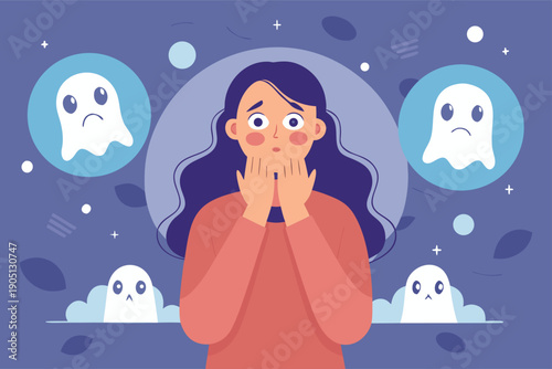 Woman feeling anxious surrounded by ghostly apparitions