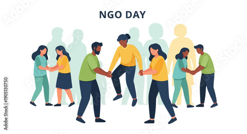 Illustration of diverse people holding hands in a circle on NGO Day with a white background and colorful clothing.