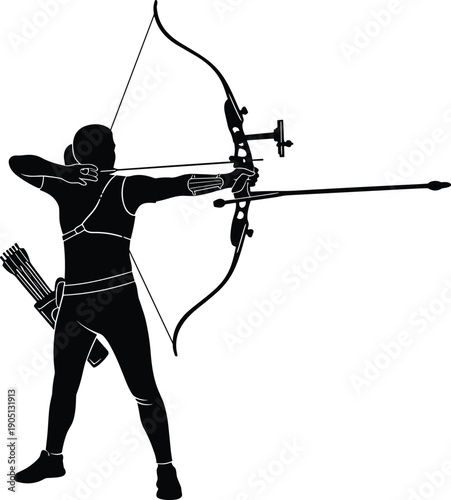 Archer silhouette aiming bow and arrow, traditional archery sport concept, focused athlete shooting target, black vector illustration isolated on white background
