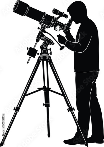 Astronomer using professional telescope on tripod silhouette illustration, stargazing observation concept, astronomy equipment icon, amateur scientist night sky exploration, 