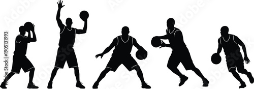 Basketball players silhouette set showing dribbling shooting and passing actions, dynamic sports movement and athletic training concept isolated on white background illustrationBasketball  