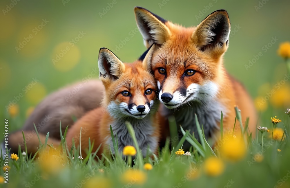 Fototapeta premium Mother fox snuggles with cub in green grassy field. Small vulpes vulpes mammal touches parent affectionately. Baby animal nestles against adult in springtime nature.