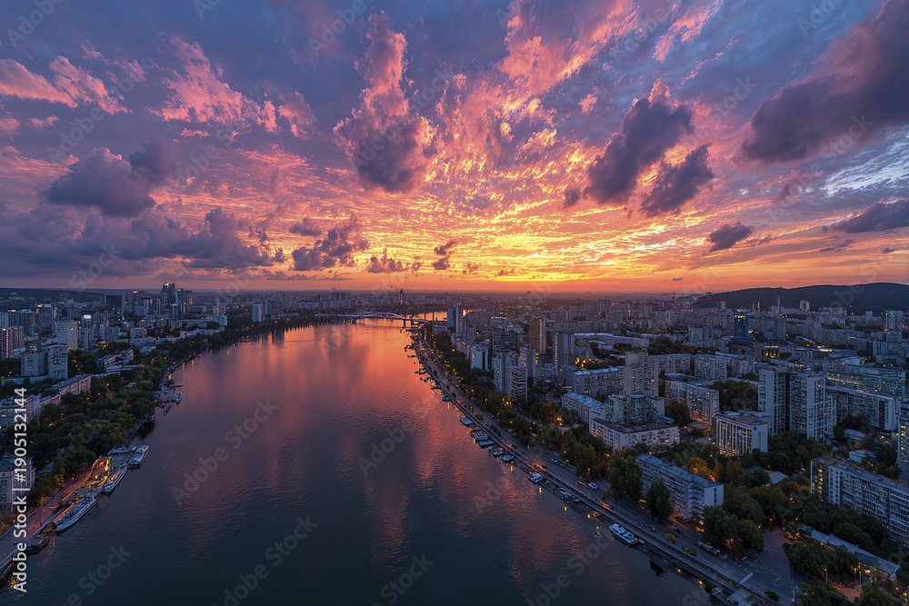 Fototapeta premium Sunset over city skyline with river reflecting vibrant orange and purple clouds, creating dramatic and peaceful urban atmosphere at dusk