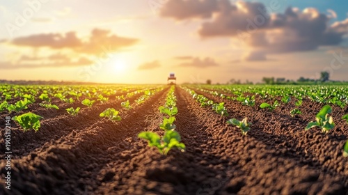 Lush young plants growing in rows of a farm field at sunset.