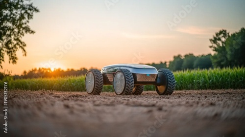 Autonomous vehicle on a dirt path at sunset.