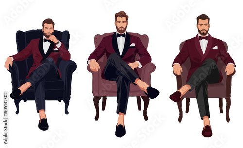 Elegant bearded man in red jacket sitting in different poses on stylish chairs