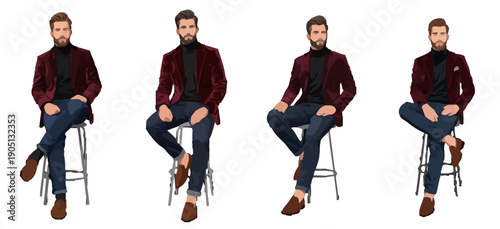 Stylish man in red velvet jacket sitting on stool in various poses