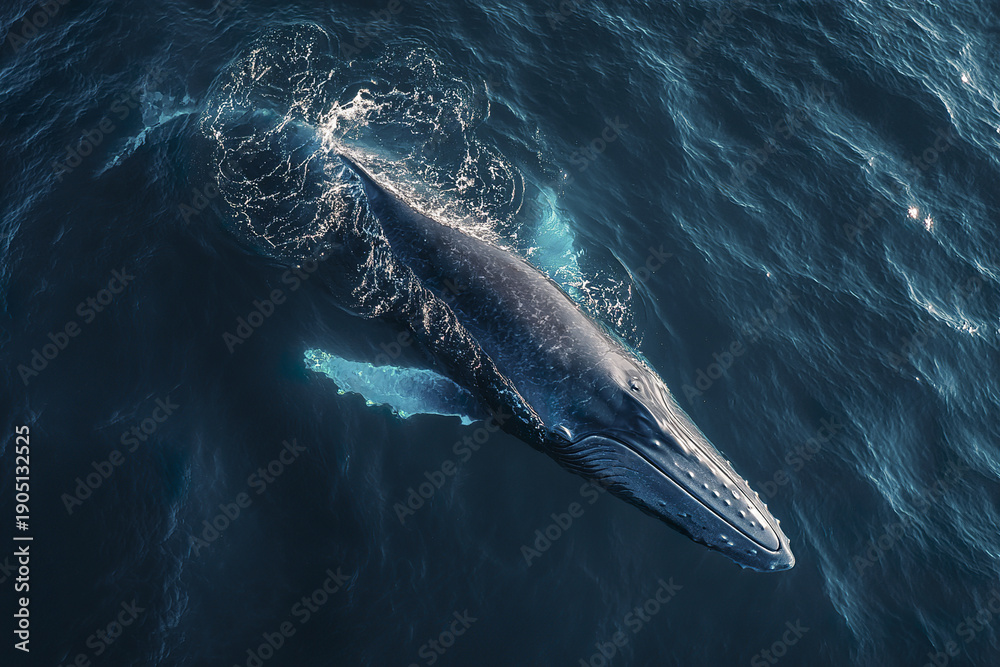 Naklejka premium Aerial view of massive blue whale swimming in deep navy ocean water with smaller whale nearby, creating serene and majestic marine scene