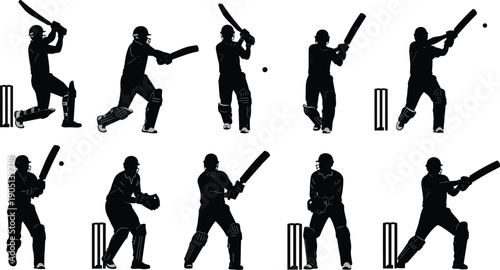 Cricket players silhouette set showing batting and wicket keeping actions, dynamic sport movement poses for professional match play and training concepts isolated on white background illustration