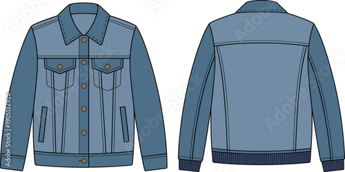 Front and Back View Technical Sketch of a Classic Denim Jacket for Men with Pocket Details and Ribbed Hem for Fashion Design and Manufacturing