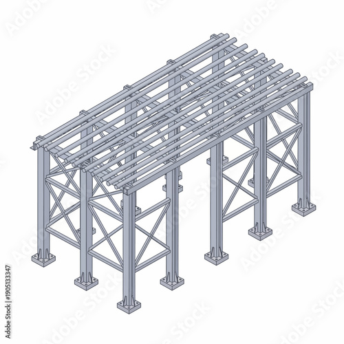  steel pipe rack structural framework with load-bearing columns, industrial engineering layout, cool gray tones