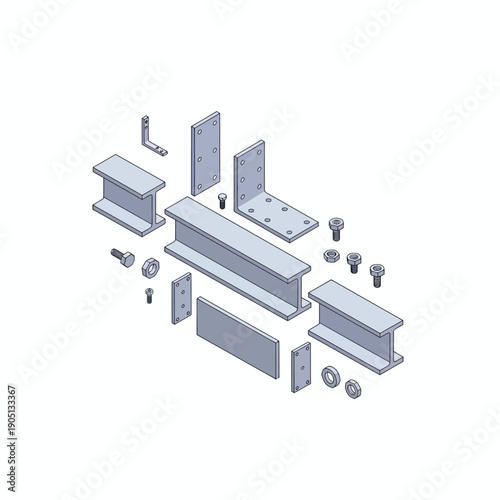 exploded view of steel beam assembly, engineering isometric layout, neutral metallic colors