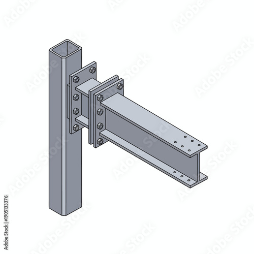steel cantilever support mechanism with reinforcement plates, structural engineering isometric diagram, metallic neutral tones