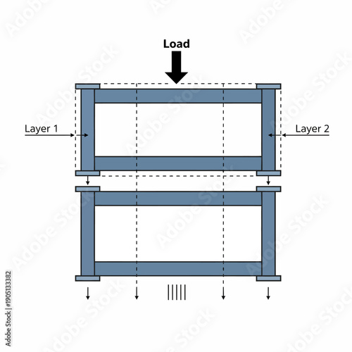  steel structural redundancy concept shown through layered geometry, technical schematic flat layout, blue-gray engineering palette