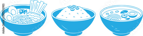 Three different bowls of delicious Asian cuisine ramen noodles, steamed rice, and soup on a white surface