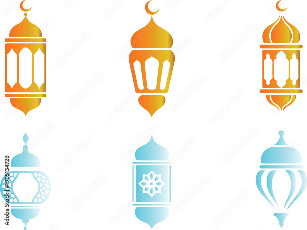Fototapeta premium A delightful collection of six various traditional Islamic lanterns featuring beautiful gradient colors