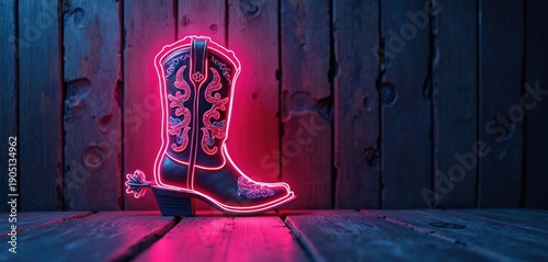 Neon cowboy boot with embroidery glows on rustic wood. Western style footwear with bright pink light. Modern accessory for country fashion, bar, or nightclub.