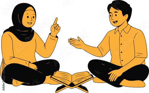 A woman in a hijab and a man sit cross legged, sharing an open holy book and conversing