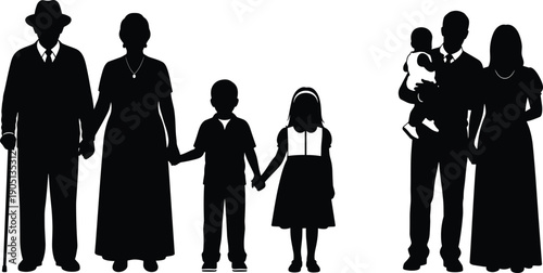 Multi generation family silhouette illustration showing grandparents parents children baby together isolated black vector design symbolizing love unity heritage bond