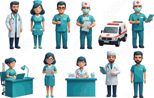 Modern medical team of doctors, nurses, and ambulance in a flat illustration style, diverse healthcare professionals dedicated to patient care.