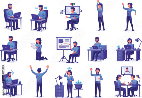 Modern professionals engaged in office tasks, remote work, and collaborative activities, showcasing a dynamic workplace with technology and teamwork.