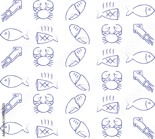 A repeating pattern of various blue outline sketches of seafood items including fish, crabs, squid, and crab claws on a white background.