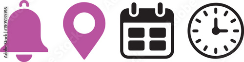 Four simple icons representing notification, location, schedule, and time management functions