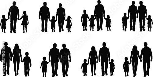 Family silhouette set showing parents and children walking together isolated black vector illustration for love unity community concept design collection
