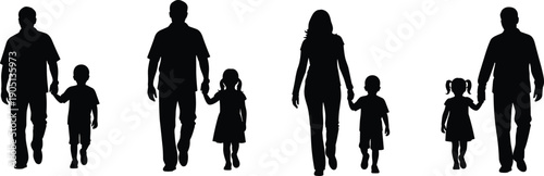 Family silhouettes illustration showing parents and children holding hands walking together isolated black vector unity love concept design art symbol