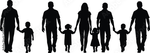Large family silhouette illustration showing parents and multiple children holding hands walking together isolated black vector unity concept