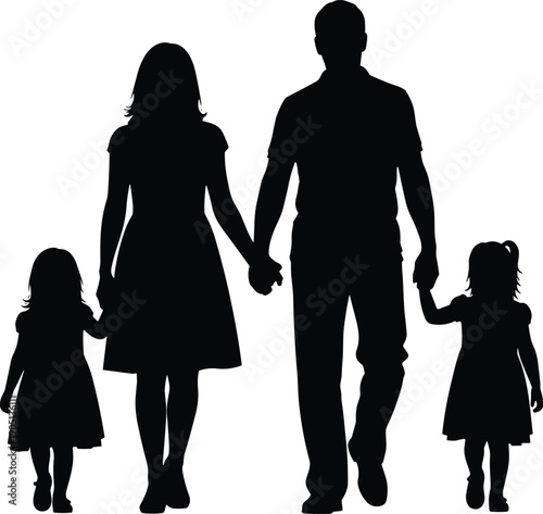 Family walking silhouette illustration with parents and two daughters holding hands isolated black vector symbol love unity togetherness concept