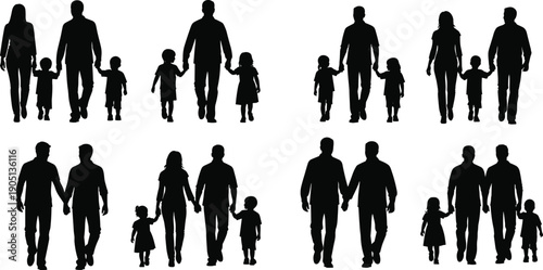 Family silhouette set showing parents children couples walking together isolated black vector illustration for love unity community concept design collection