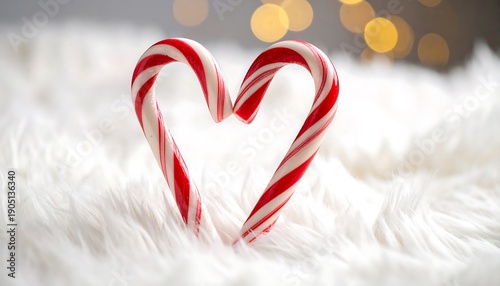 Heart Shaped Candy Canes on White Fur with Bokeh Lights.