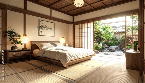 A serene Japanese-style bedroom with a garden view, natural light, and minimalist decor