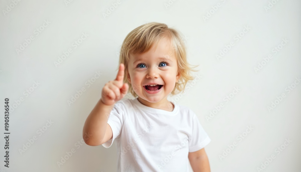 Naklejka premium Young child with blonde hair raises finger, smiling broadly with blue eyes. Kid has idea, shows insight or eureka moment. Youthful exuberance, pure joy, and happy discovery.