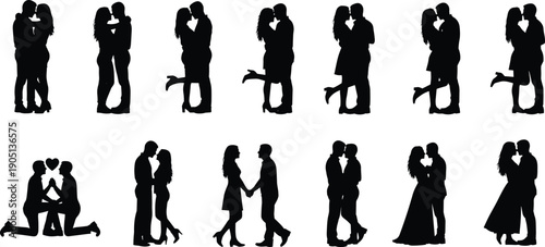 Romantic couples silhouette collection showing kissing hugging proposal wedding love moments isolated black vector illustration set for stock design usage