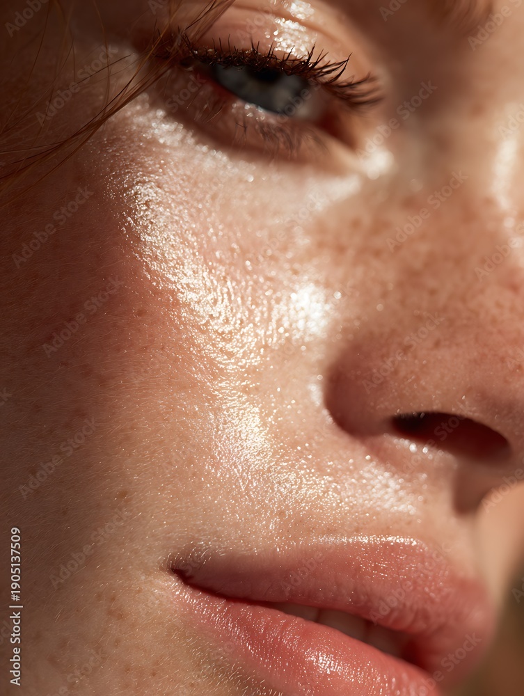 Naklejka premium editorial beauty close-up of glowing skin surface, subtle shine,