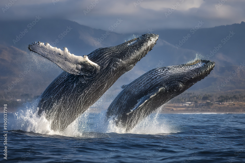 Naklejka premium Two humpback whale breaching ocean water with mountain background, dynamic wildlife scene full of energy and natural beauty