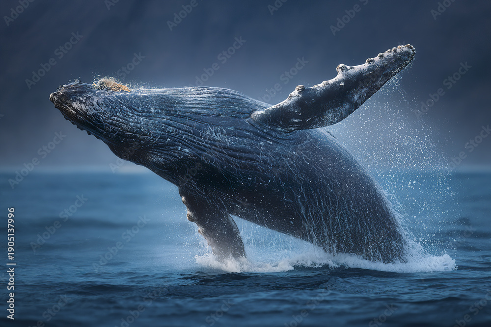 Obraz premium Humpback whale breaching ocean water with sea spray and splashes, majestic marine mammal in natural habitat showing powerful movement and dynamic energy