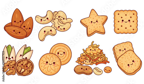 A colorful vector illustration of various smiling snacks and nuts