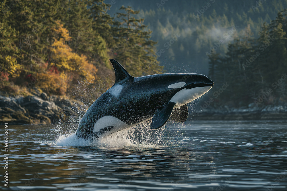 Obraz premium Orca whale jumping water splash forest background wildlife nature ocean mammal black white aquatic animal powerful majestic wild marine environment