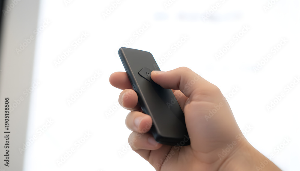 custom made wallpaper toronto digitalA persons hand holds a sleek black remote control pressing a button against a bright white background showing modern technology and professional use