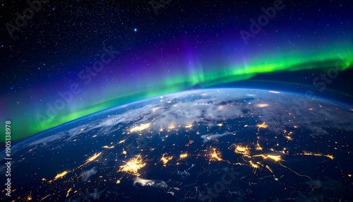 Earth from Space with Aurora Borealis and City Lights.