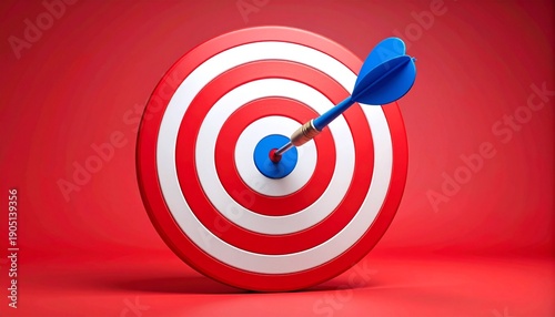 Stylized dartboard with red, white, gray segments, single blue dart embedded off-center, vibrant geometric symmetry