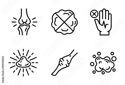Arthritis disease icons set. Pain, inflammation, and joint damage outline vector symbols collection