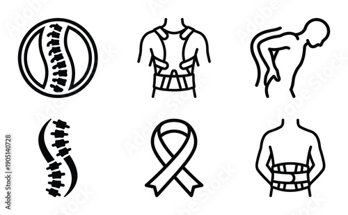 Back pain icons set with spine in circle, back brace, posture and awareness ribbon