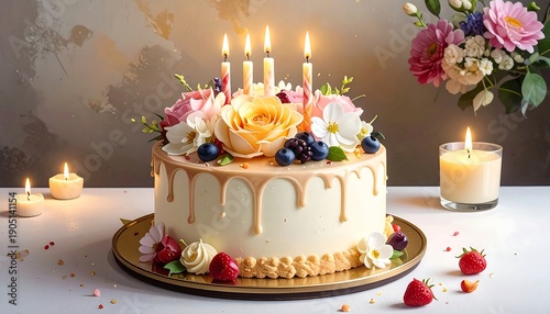 Elegant Birthday Cake with Fresh Flowers and Berries.