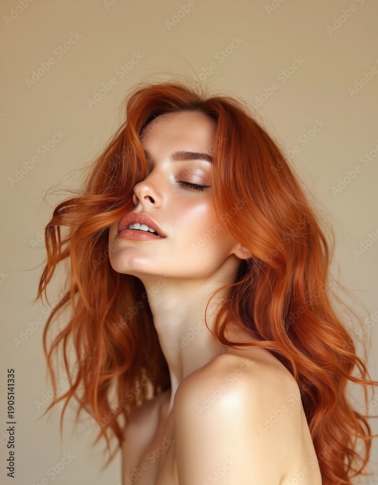 Fototapeta premium Woman with flowing copper hair, eyes closed, head tilted back. Soft studio lighting highlights her smooth skin and radiant complexion. Perfect for beauty and fashion.